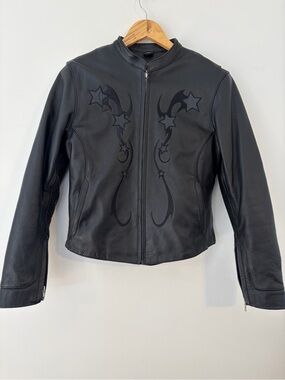 First Classics Genuine Leather Moto Jacket XS Black Star Flame Graphic